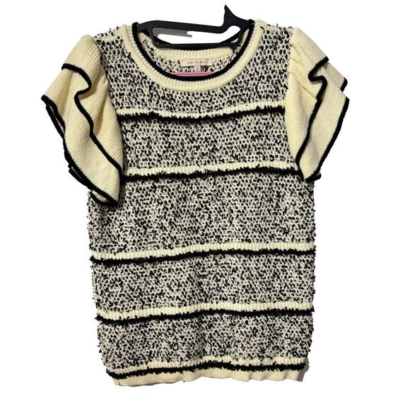Skies Are Blue Womens Ivory Black Ruffle Frill Detail Ribbed Hem Sweater Size M - Picture 2 of 6